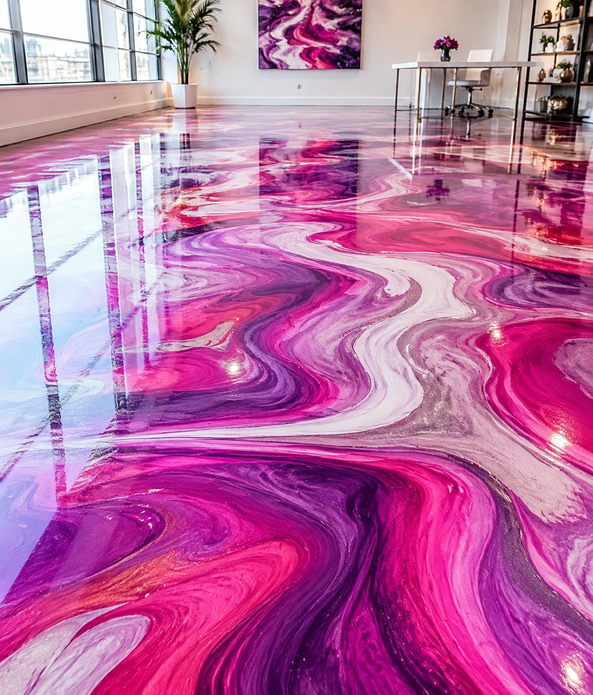 Pink, purple and white swirling metallic epoxy