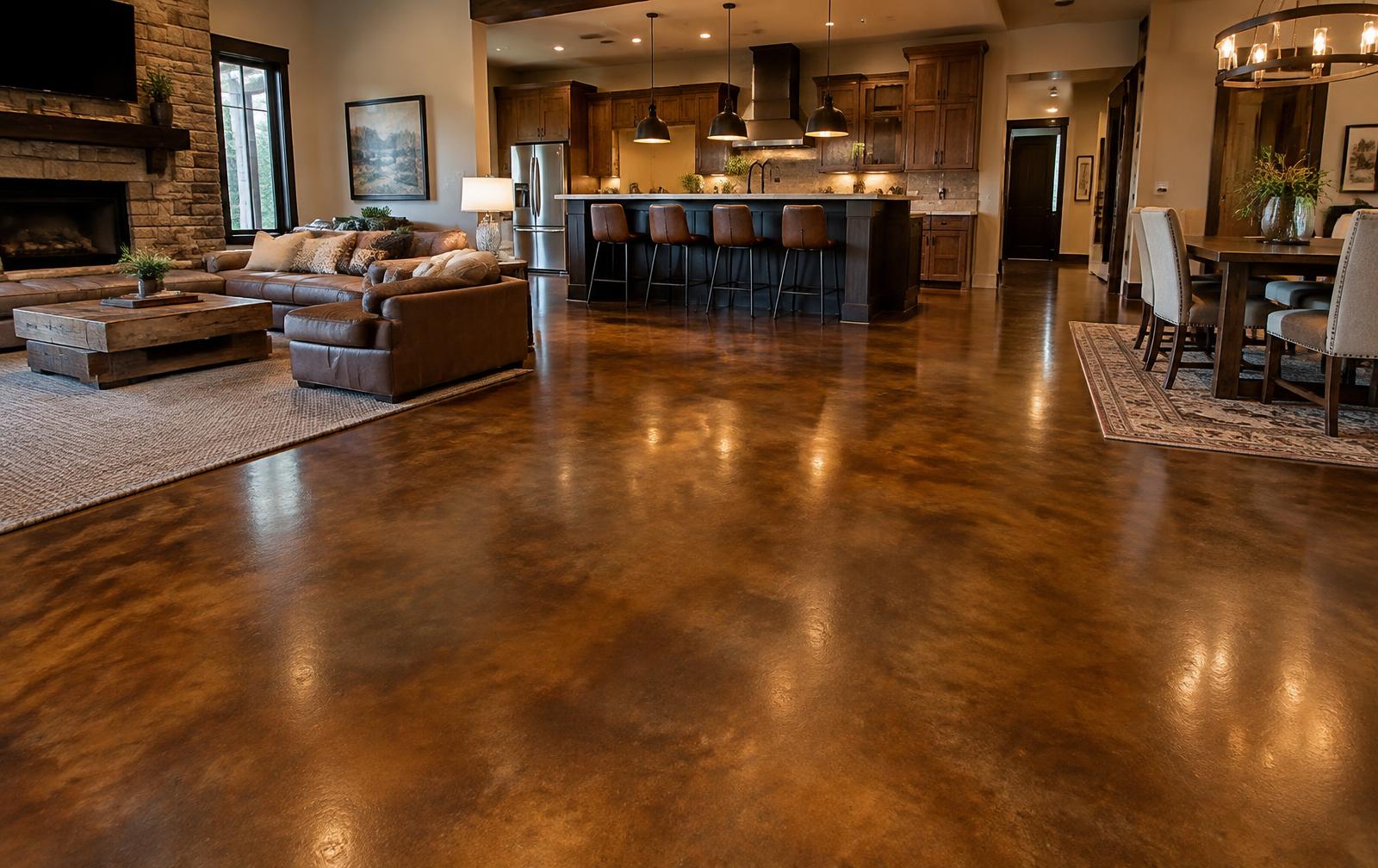Rich brown stained concrete in an open living area